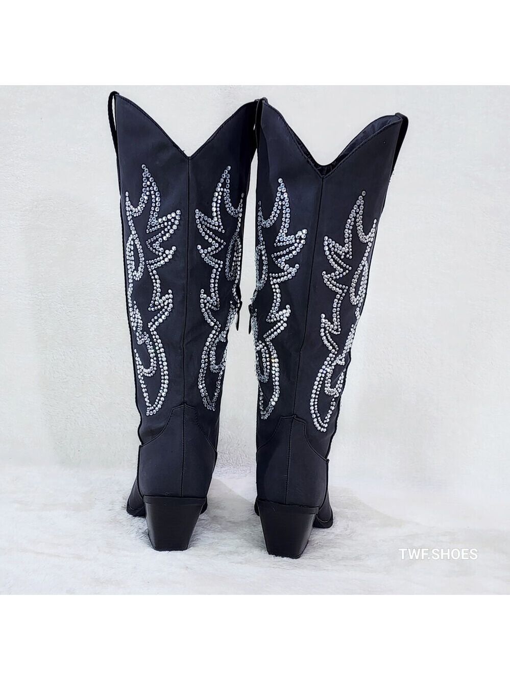 NIB Ann Black Leatherette With Rhinestones Country Glam Western Cowgirl Knee Bo - Picture 3 of 6